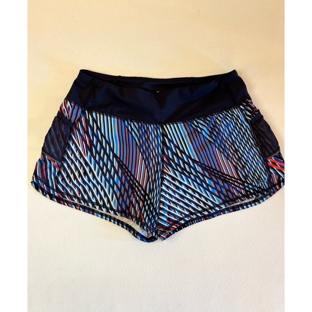 ATHLETA Jigsaw Ready Set Go Shorts Blue Coral Stripes Size Small